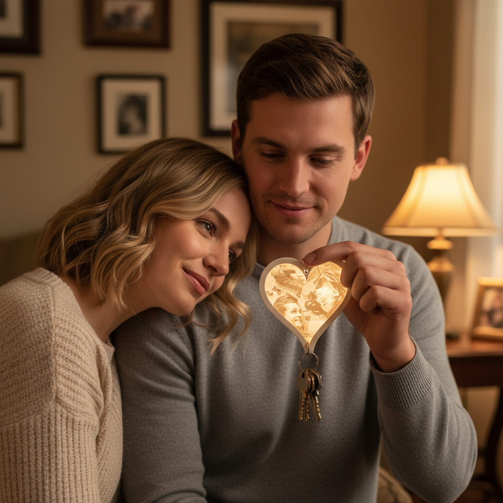 Couple holding custom heart-shaped lithophane photo keychain to light showing photo glowing