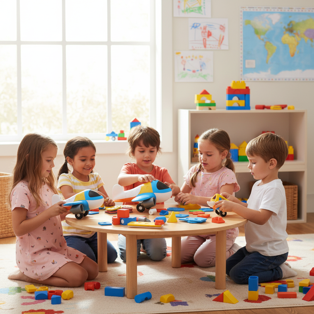 Multiple children playing together with magnetic airplane toys collaborative