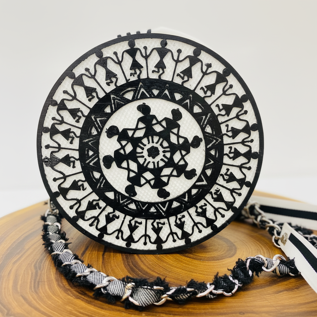 Close-up tribal art round handbag intricate pattern 3D printed details