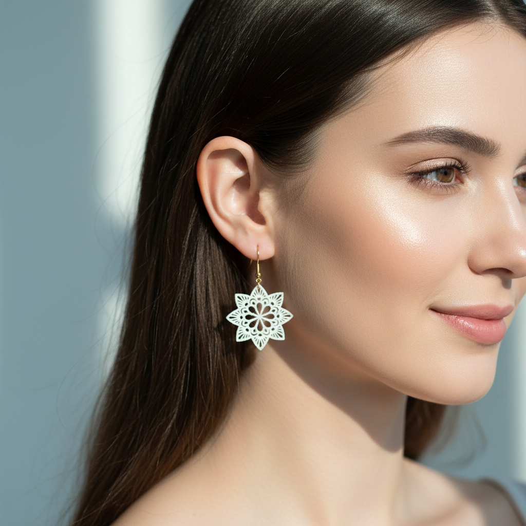 Woman wearing snow petal-shaped 3D printed earrings elegant jewelry
