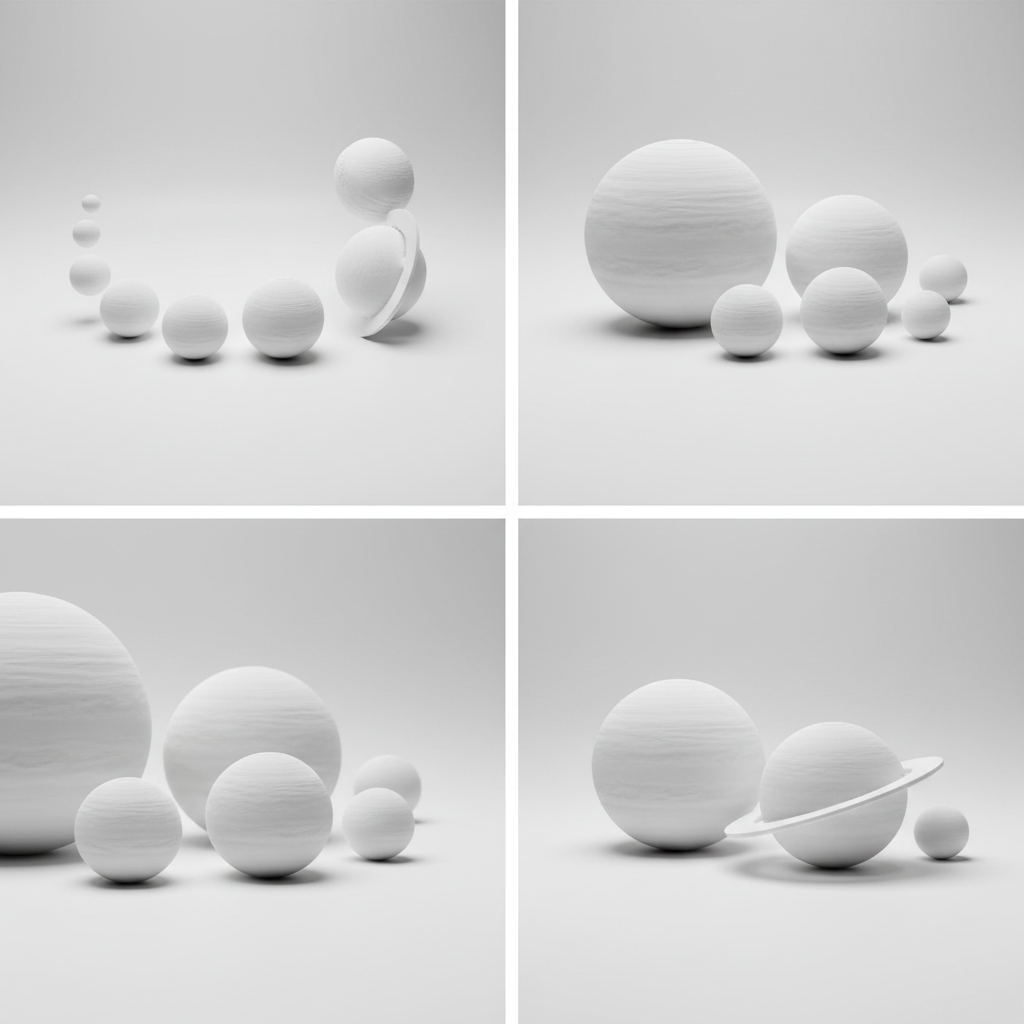 Multiple angle views of DIY planet set showing 8 planets and size comparisons