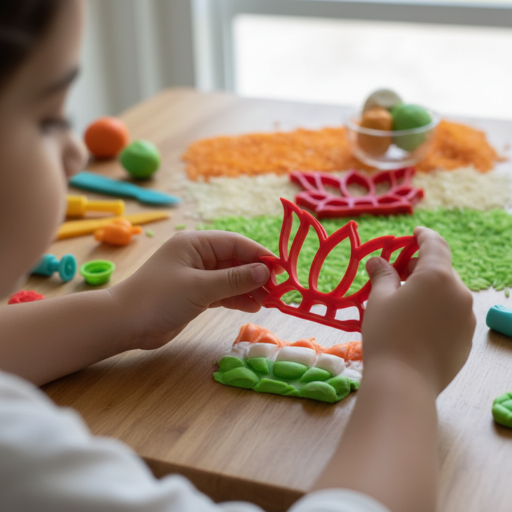 Child hands using lotus flower cutter pressing pattern into clay