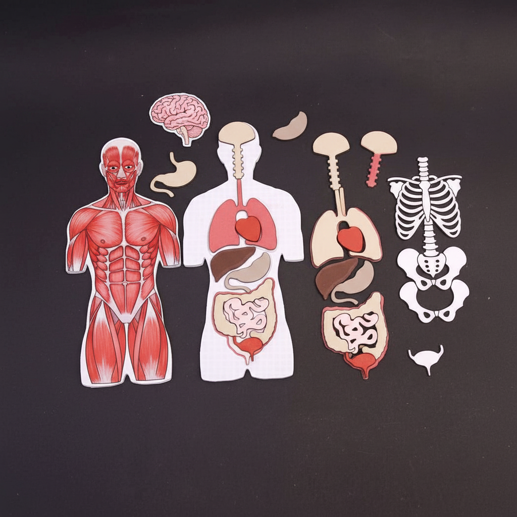 Multiple angle views of 2D anatomy puzzle with brain showing all body systems