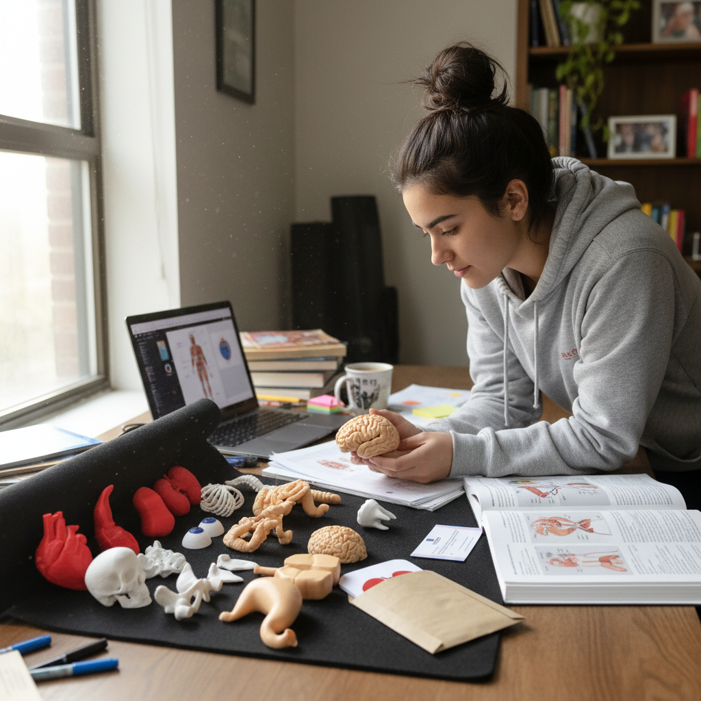 Student studying with 3D printed human anatomy model set organs skeleton