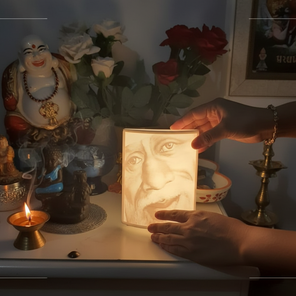 Person placing glowing Shri Sai Baba lithophane night lamp prayer altar