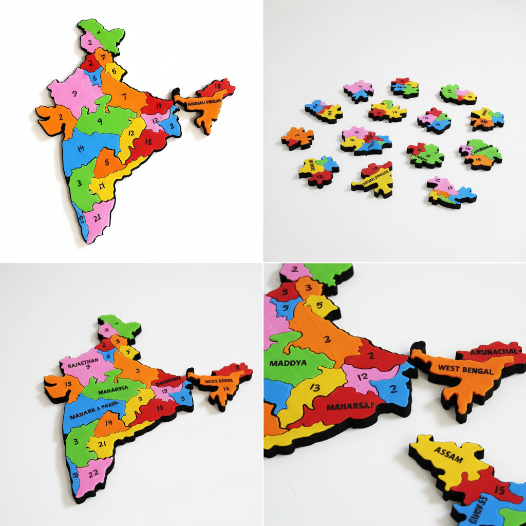 Multiple views of Map of India puzzle showing assembled map and individual state pieces