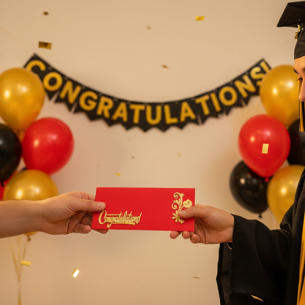 Celebration with red Congratulations envelope being exchanged at achievement event