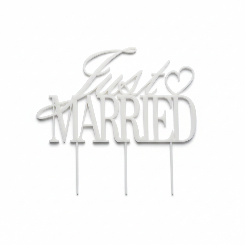 Close-up of Just Married cake topper showing intricate lettering design