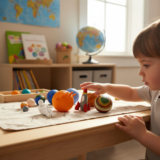 Child exploring 3D printed solar system set hands-on learning