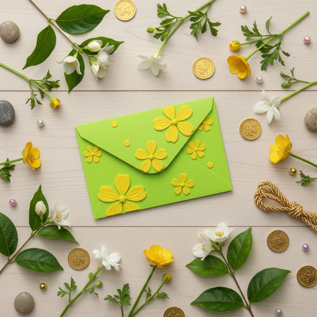 Lime green envelope with yellow flowers in vibrant flatlay with floral elements