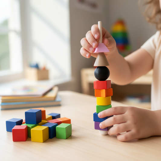 Child's hands threading beads onto stick showing skill development