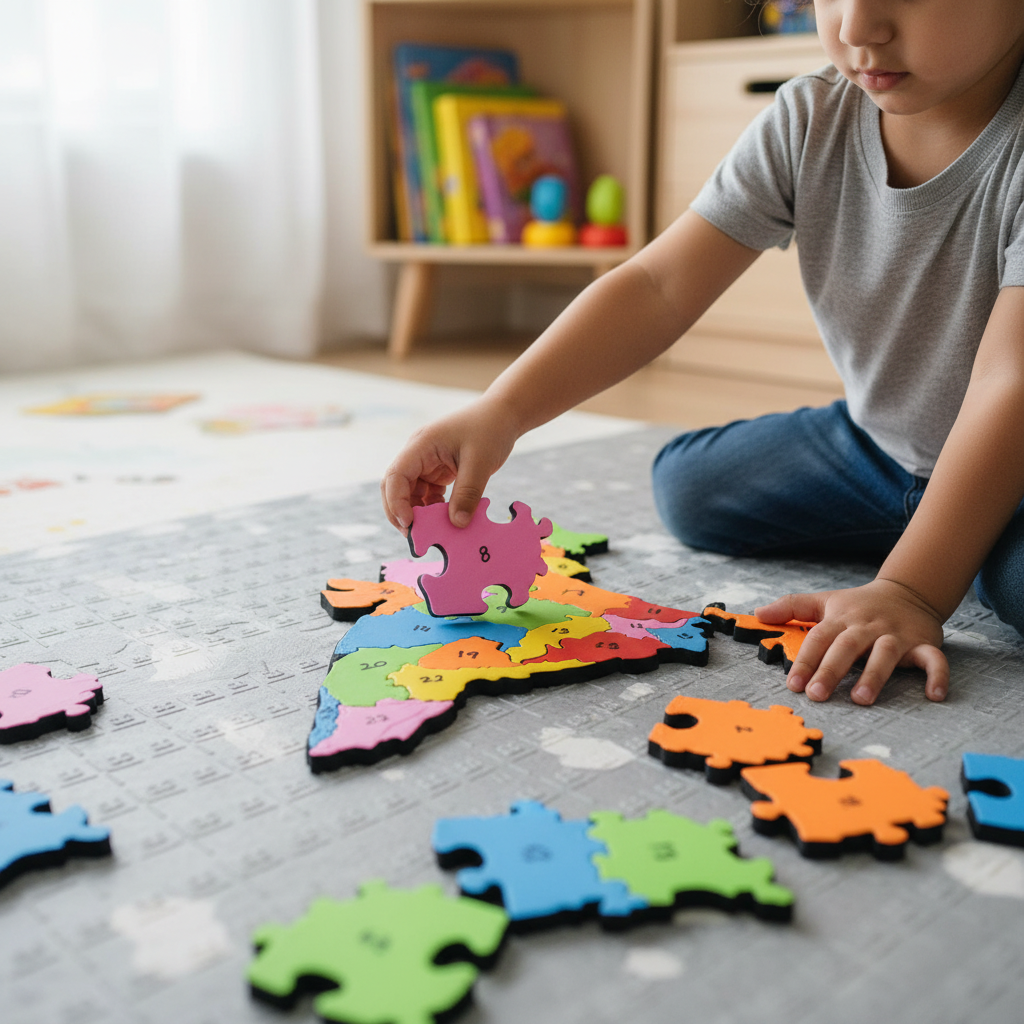 Child assembling Map of India puzzle pieces for hands-on geography learning