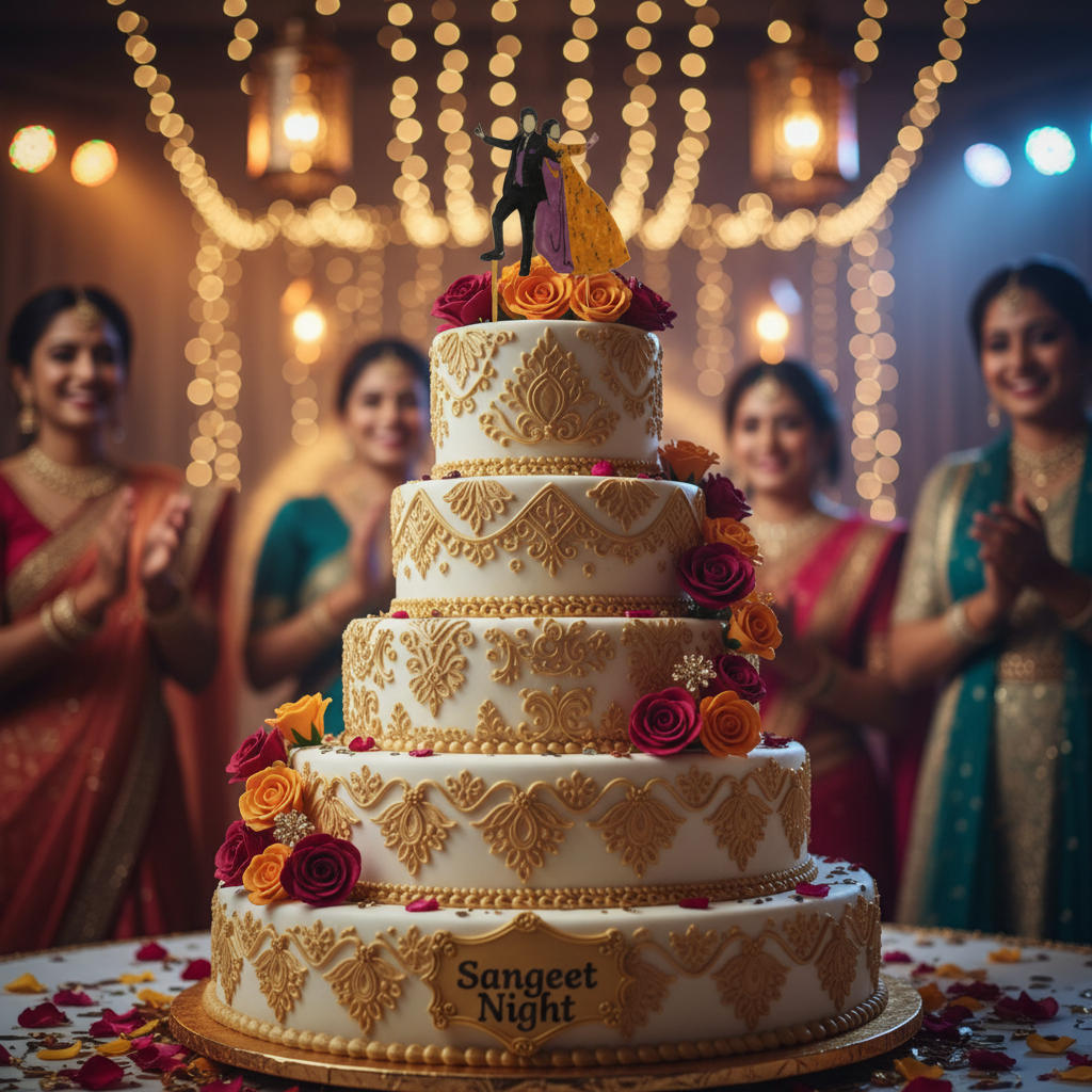 Sangeet ceremony cake decorated with elegant Sangeet cake topper