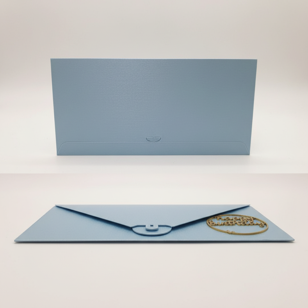 Multiple angle views of light blue Happy Birthday envelope showing eco-friendly design