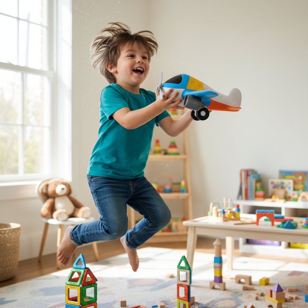 Child playing with assembled magnetic airplane making it fly