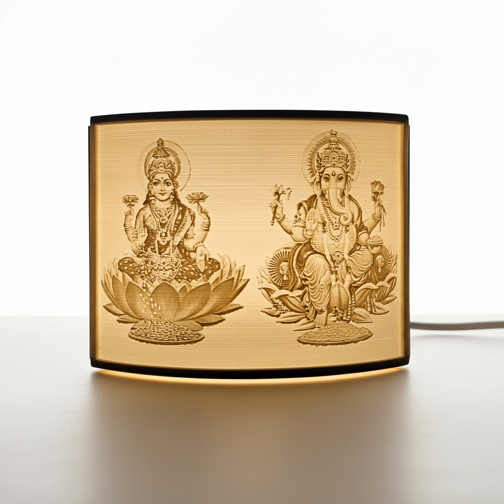 Close-up of Laxmi Ganesh lithophane lamp showing divine images illuminated through lamp