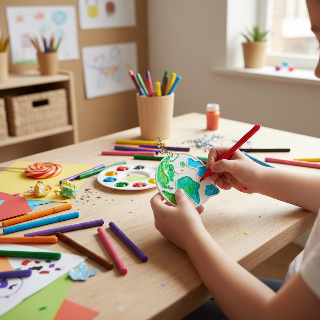 Child coloring smiley earth keychain with markers DIY art activity
