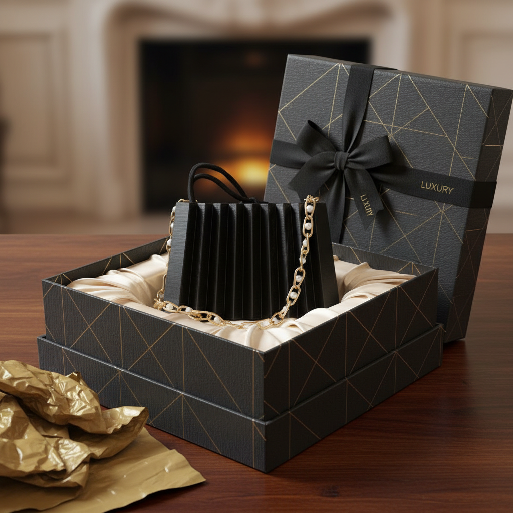 Black pleated mini handbag gift wrapped luxury present