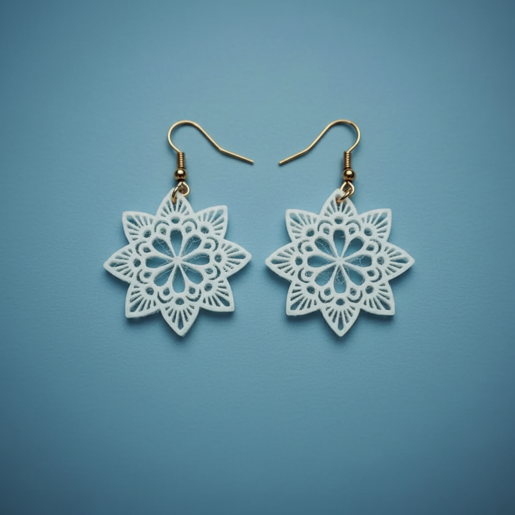 Close-up snow petal earrings intricate 3D printed snowflake pattern