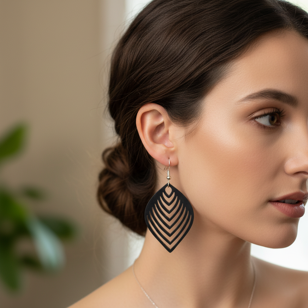 Woman wearing dark petal-shaped 3D printed earrings elegant jewelry