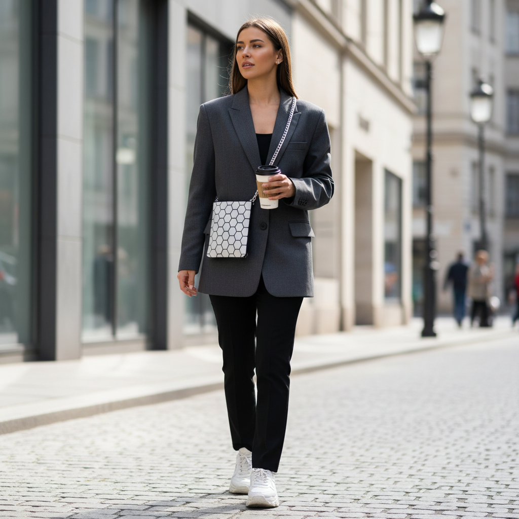 Person wearing black white honeycomb 3D printed sling bag urban fashion