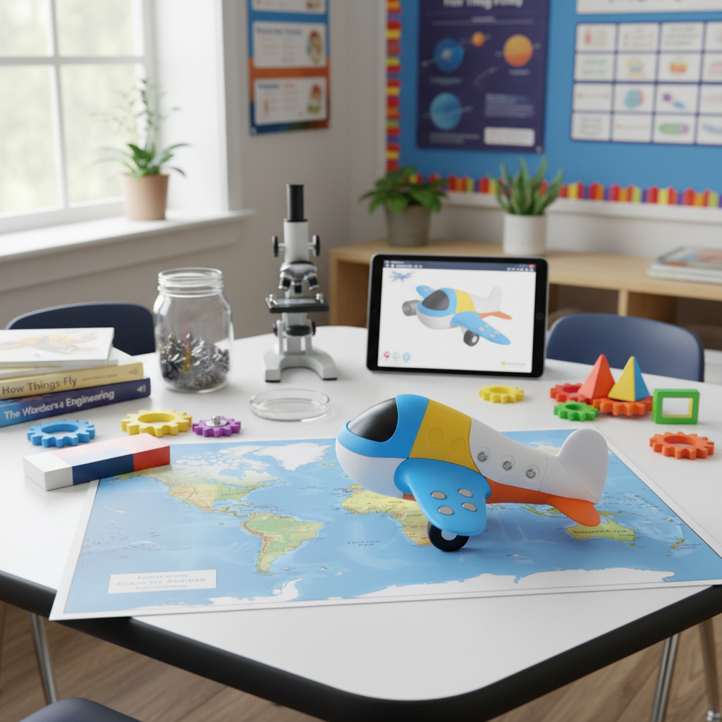 Magnetic airplane toy on classroom learning table educational setting