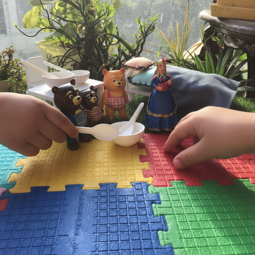Child playing with Goldilocks and Three Bears story props for interactive learning