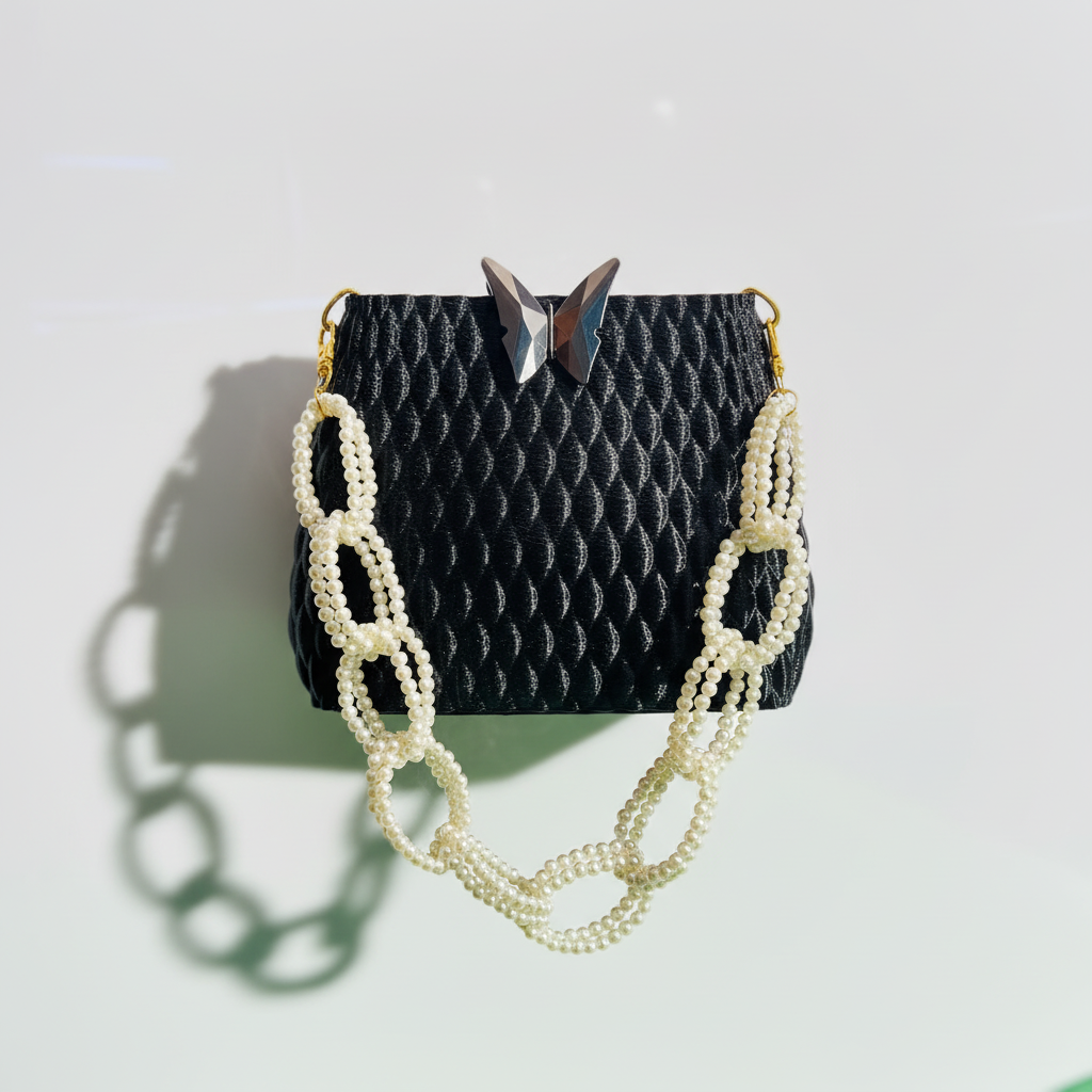 Close-up black handbag textured pattern pearl chain butterfly clasp details