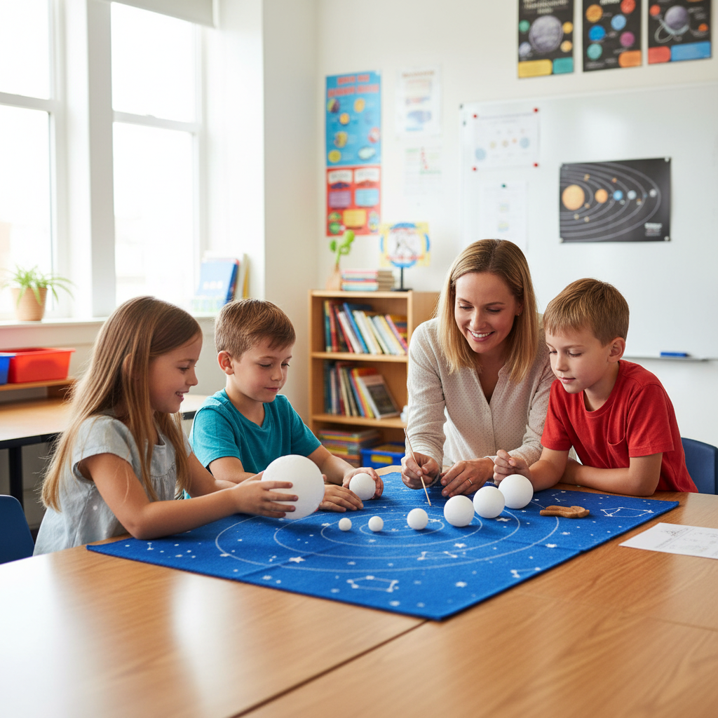 Children engaged in hands-on astronomy learning with DIY planet set showing 8 planets