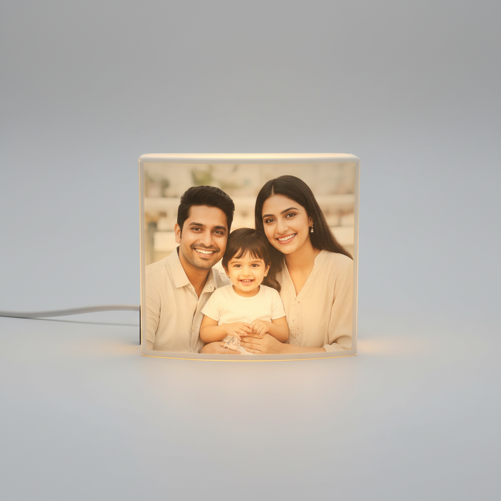 Customized lithophane photo lamp glowing showing personalized family photo