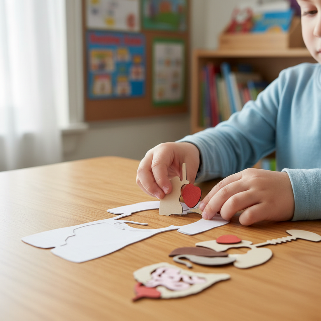 Child's hands assembling anatomy puzzle pieces including brain