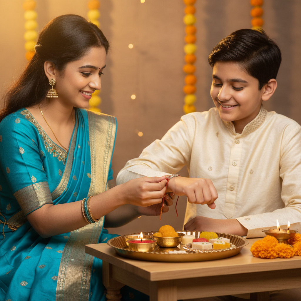 Sister tying customised 3D printed rakhi on brother's wrist during Raksha Bandhan celebration