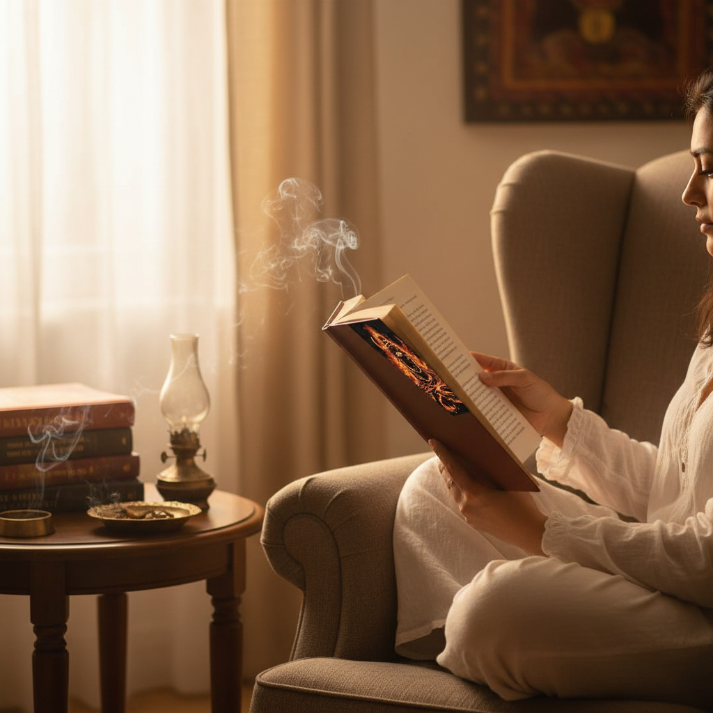 Person reading with Shiv Ji bookmark showing Lord Shiva image