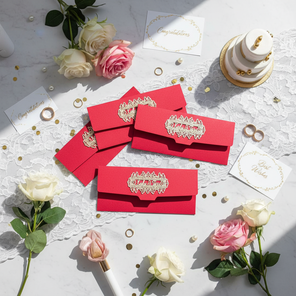 Customized money envelopes in festive flatlay with wedding items