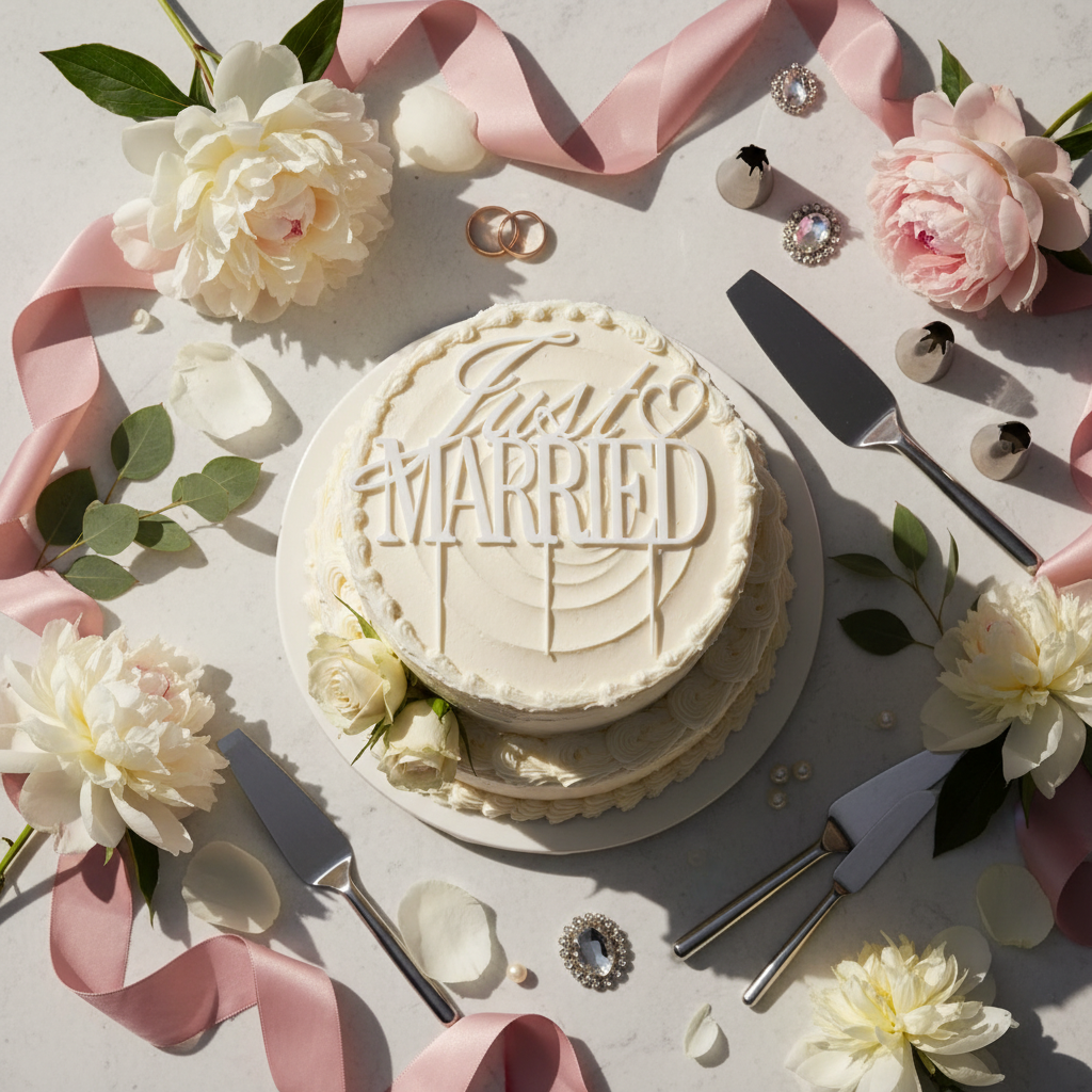 Just Married cake topper in festive flatlay with wedding celebration items