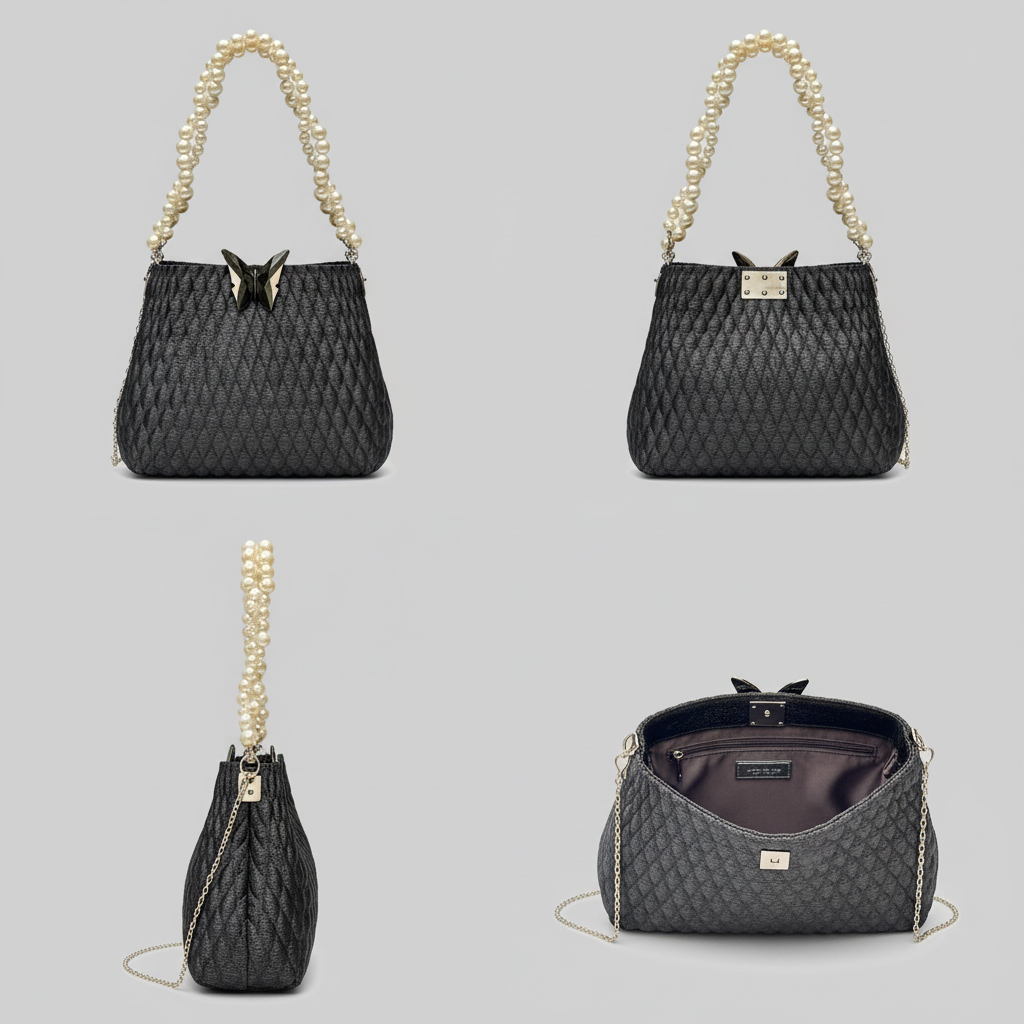 Multiple angle views of butterfly black pearl charm bag showing all design details