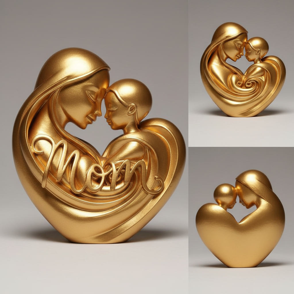 Multiple angle views of shimmering gold MOM heart figurine