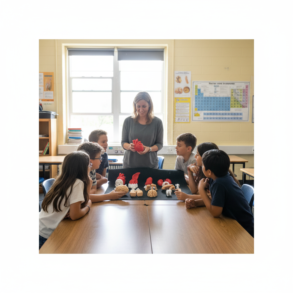 Teacher using human anatomy model set classroom students learning