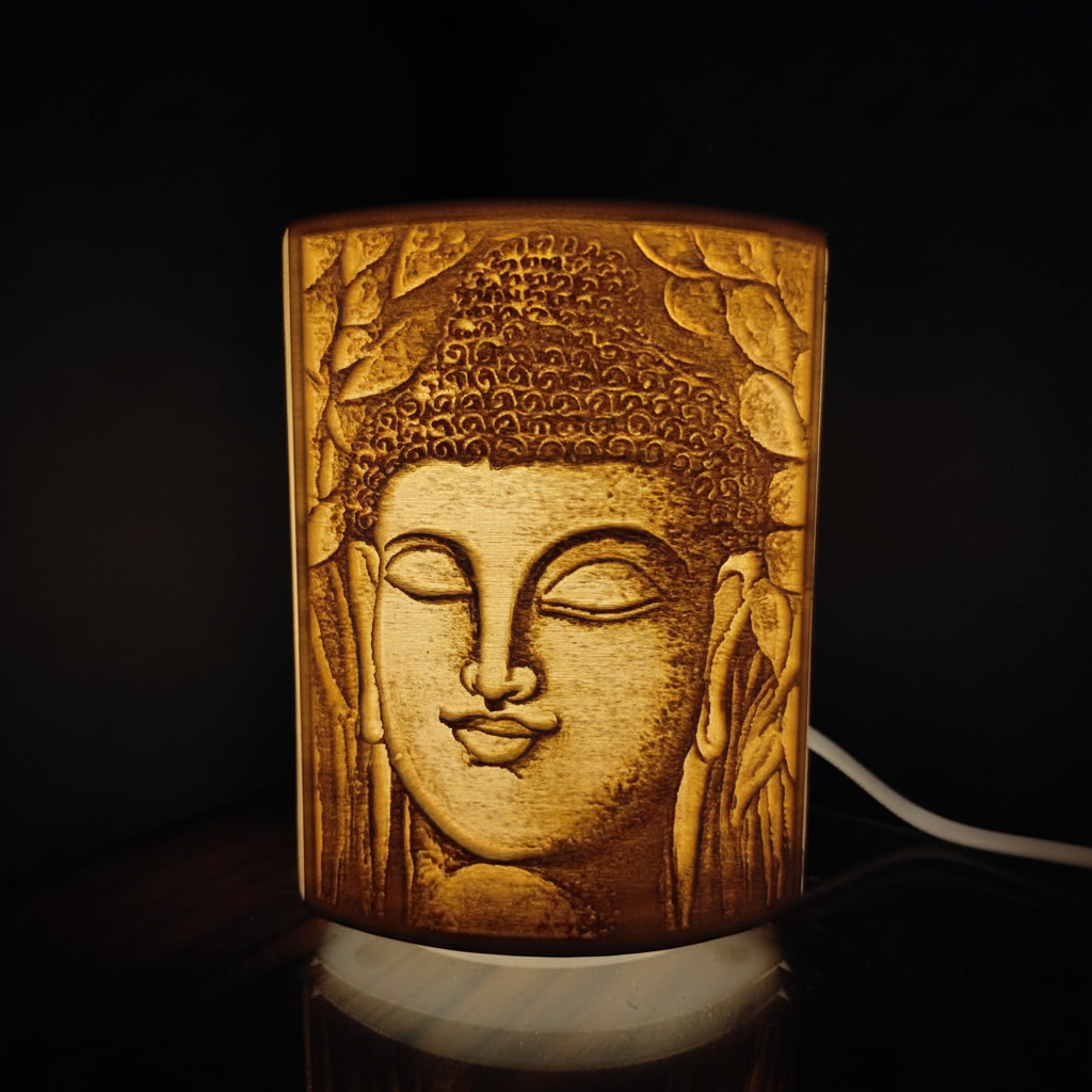 Lord Buddha lithophane lamp glowing showing detailed engraving