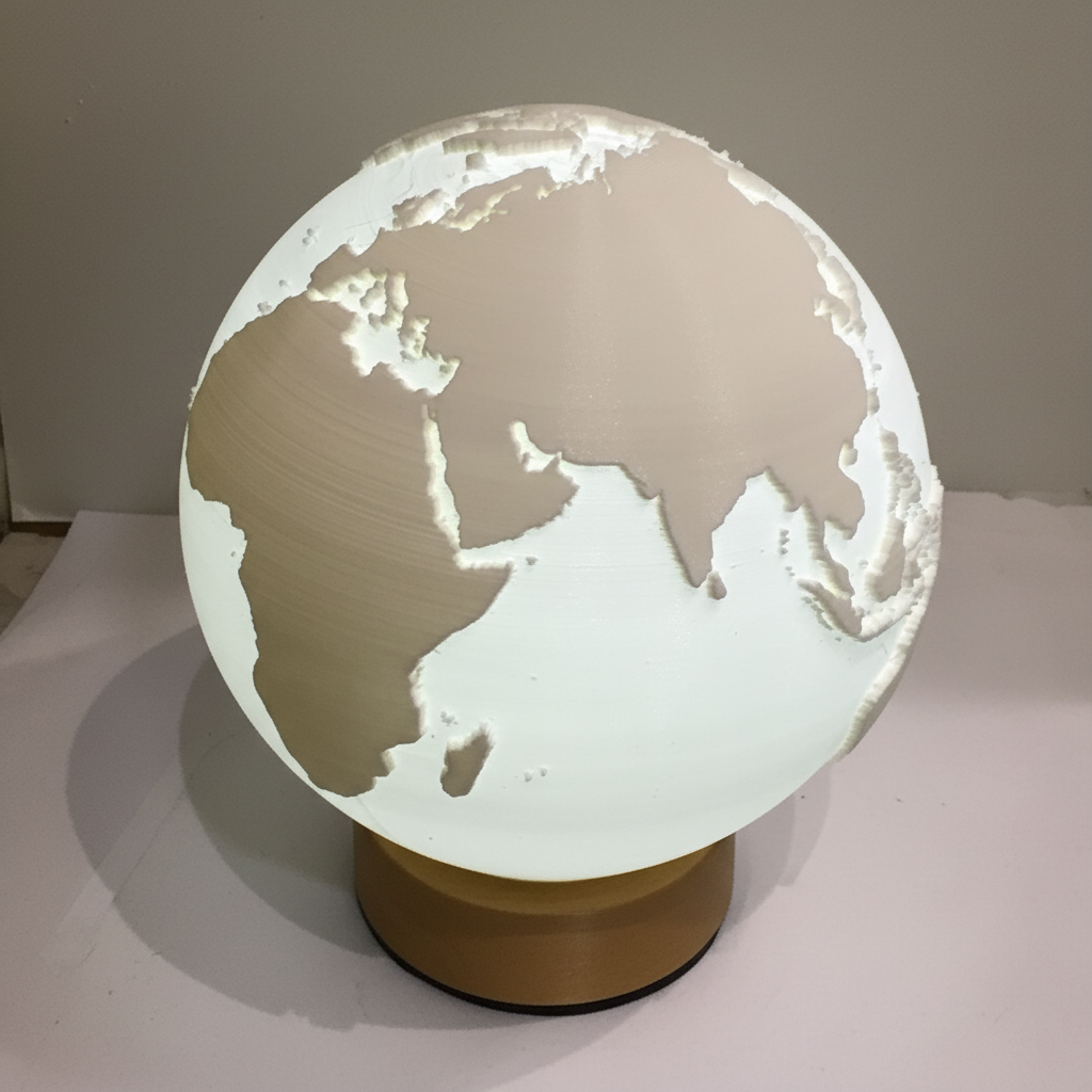 Close-up of globe moon lamp showing detailed 3D textured world map with continents