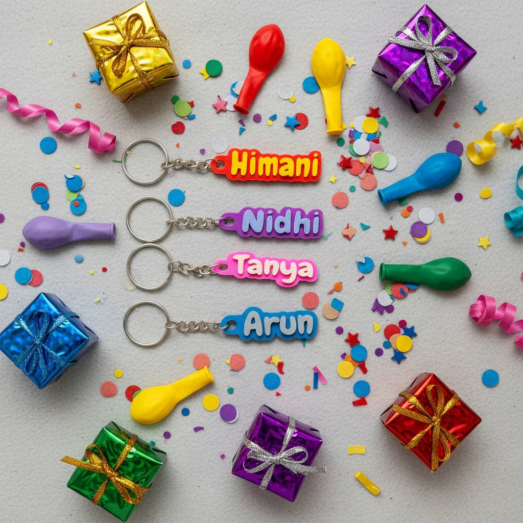 Colorful personalized name keychains with gift boxes, balloons, and confetti on a festive background from The Sculpt Studio homepage.