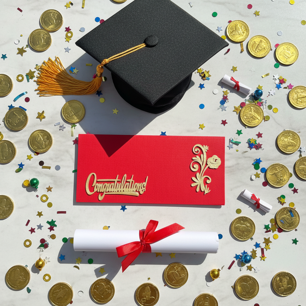 Red Congratulations envelope in festive flatlay with graduation celebration items