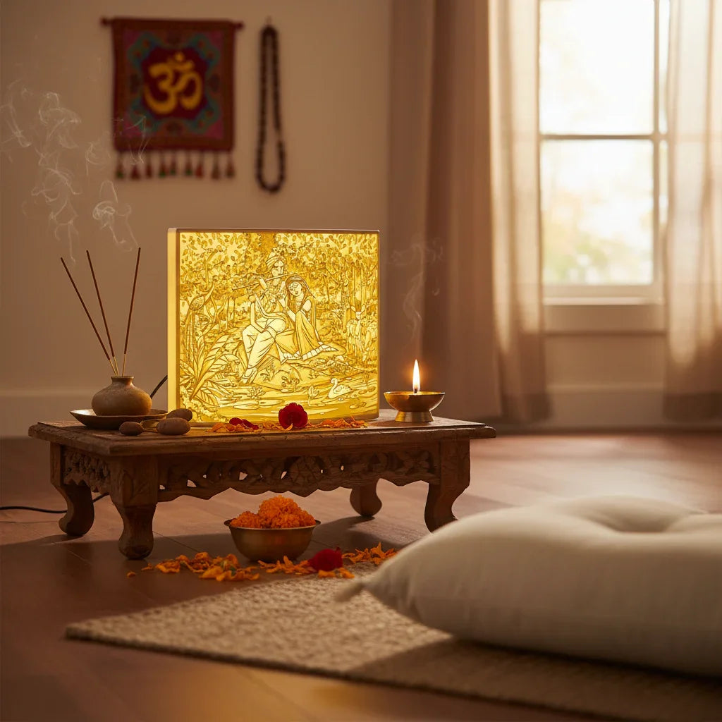 Sculpt Studio serene meditation room with carved illuminated art, incense, and lotus decor