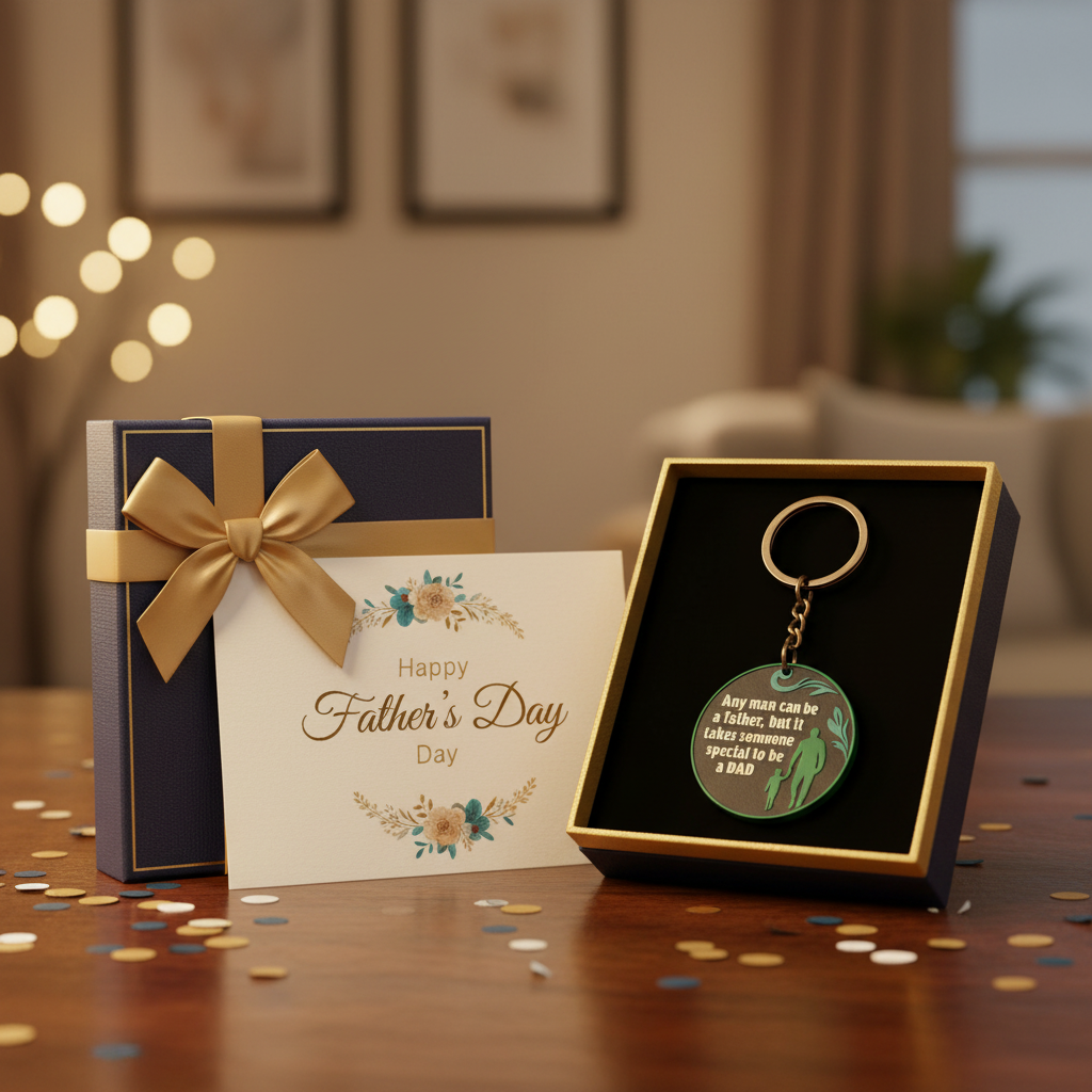 Beautifully packaged dad keychain as Father's Day gift with elegant presentation