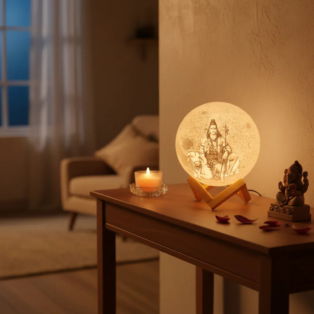 Decorative moon lamp with Hindu deity, candle, and small statue on wooden table in cozy room