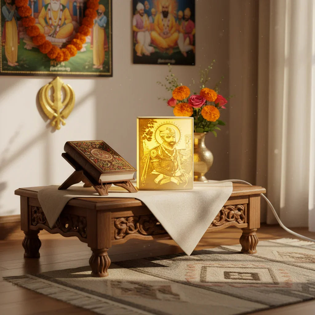Elegant wooden prayer table with Sikh religious book, illuminated golden portrait, and floral vase in peaceful home setting at The Sculpt Studio.