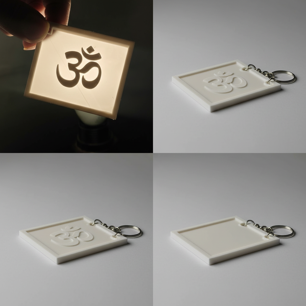 Multiple angle views of Om lithophane keychain showing backlit and non-backlit effects
