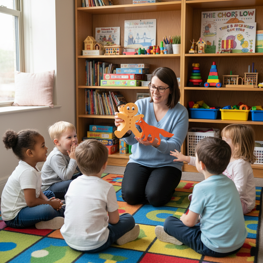 Children engaged in interactive storytime using Gingerbread Man 3D printed story props
