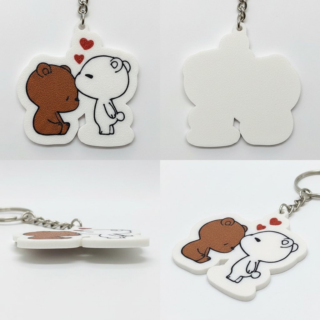 Multiple angle views of Dudu Bubu keychain showing eco-friendly bioplastic details