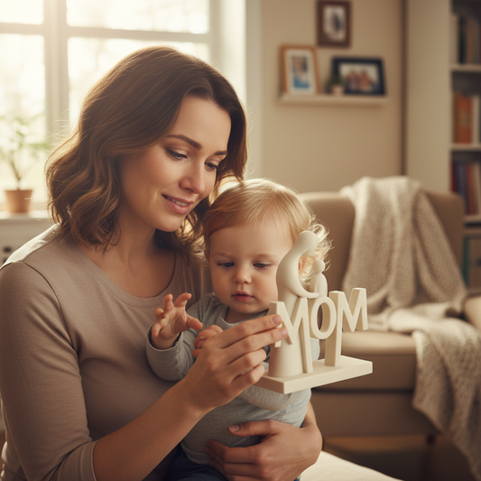 Mother holding off-white 3D printed mom and me figurine showing emotional bond
